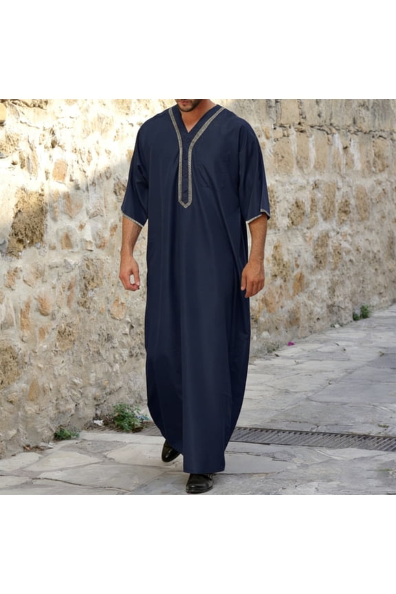 Mens Kaftan Thobe Casual Short Sleeve Mens Summer Robe V Neck Muslim Men Thobe Navy Thobe