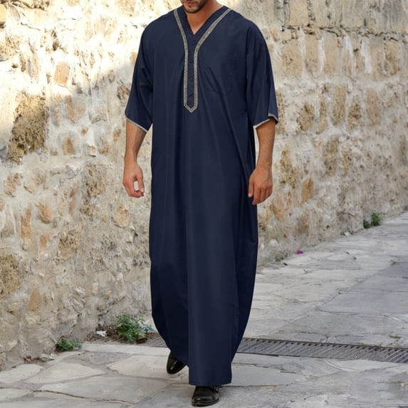 Mens Kaftan Thobe Casual Short Sleeve Mens Summer Robes V Neck Muslim Thobe for Men Navy Robe