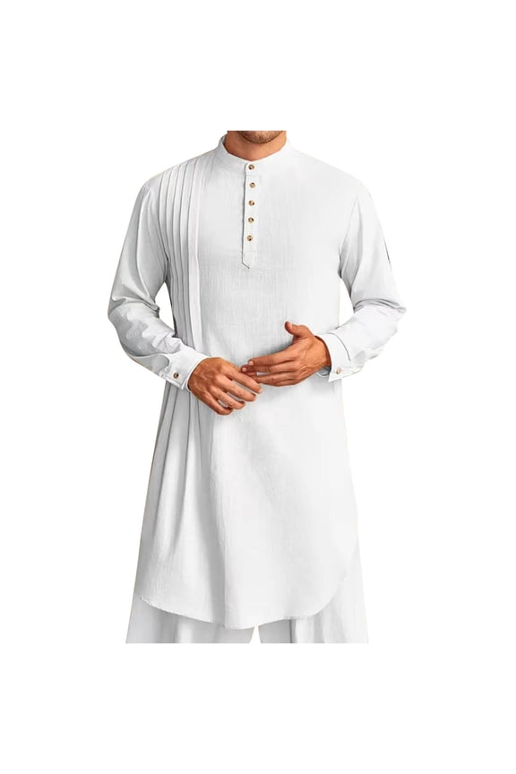 Mens Kaftan Thobe Cotton Linen Henley Shirt Long Sleeve Robe Casual Muslim Gown Kurta White XXL