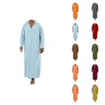 thumbnail image 1 of Mens Kaftan Thobe Long Sleeve Loose Casual V Neck Hooded Linen Robe Long Gown with Pockets Arabic Robe, 1 of 6