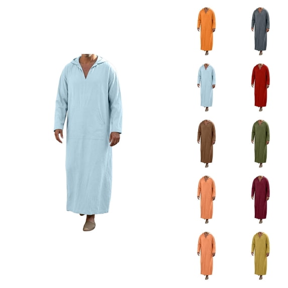 Mens Kaftan Thobe Long Sleeve Loose Casual V Neck Hooded Linen Robe Long Gown with Pockets Arabic Robe