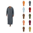 thumbnail image 1 of Mens Kaftan Thobe Long Sleeve Loose Casual V Neck Hooded Linen Robe Long Gown with Pockets Arabic Robe, 1 of 5