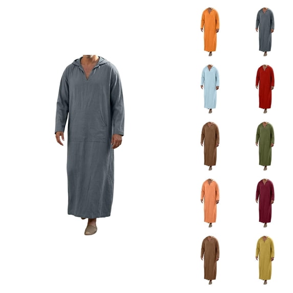 Mens Kaftan Thobe Long Sleeve Loose Casual V Neck Hooded Linen Robe Long Gown with Pockets Arabic Robe