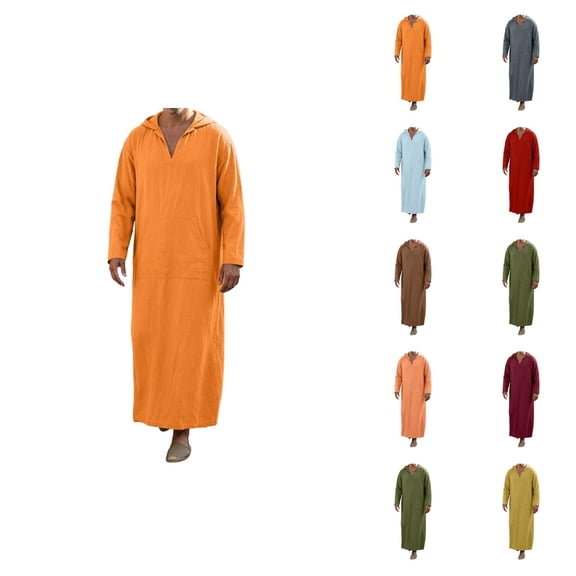 Mens Kaftan Thobe Long Sleeve Loose Casual V Neck Hooded Linen Robe Long Gown with Pockets Arabic Robe