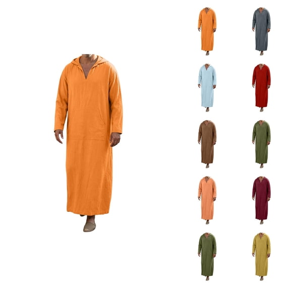 Mens Kaftan Thobe Long Sleeve Loose Casual V Neck Hooded Linen Robe Long Gown with Pockets Arabic Robe
