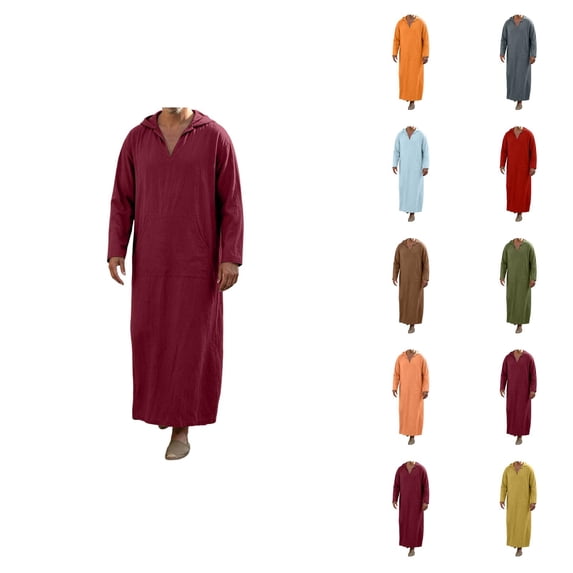 Mens Kaftan Thobe Long Sleeve Loose Casual V Neck Hooded Linen Robe Long Gown with Pockets Arabic Robe