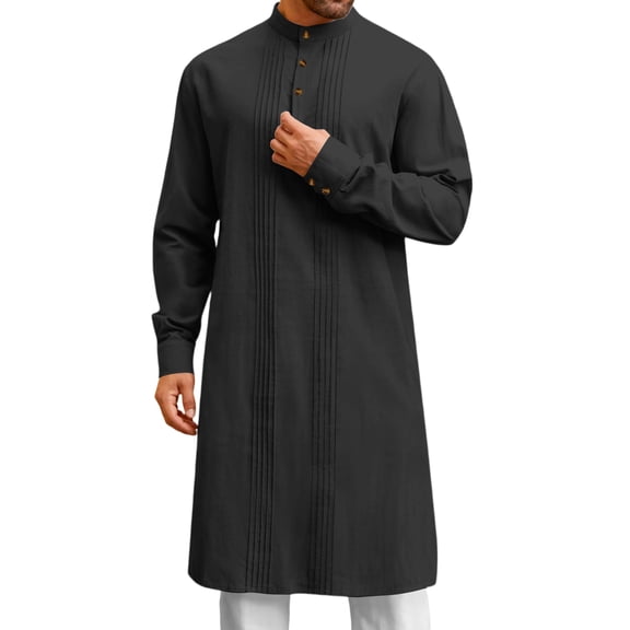Mens Kaftan Thobe for Men Caftan Kaftan for Men Kurta Set for Men Mens Kaftan Robe Button Down Long Sleeve Cotton Linen Thobe Casual Muslim Gown Henley Shirt, Black-L