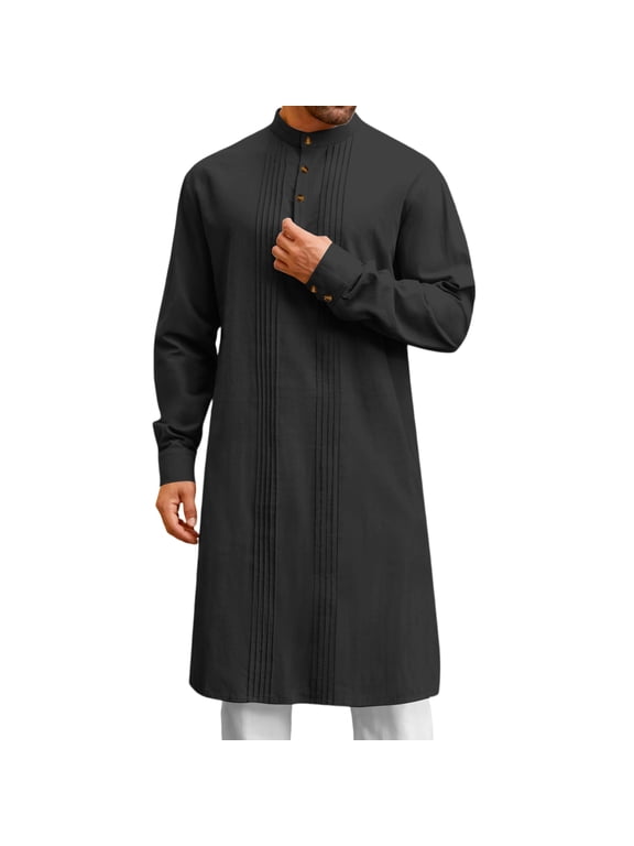 Mens Kaftan Thobe for Men Caftan Kaftan for Men Kurta Set for Men Mens Kaftan Robe Button Down Long Sleeve Cotton Linen Thobe Casual Muslim Gown Henley Shirt, Black-L