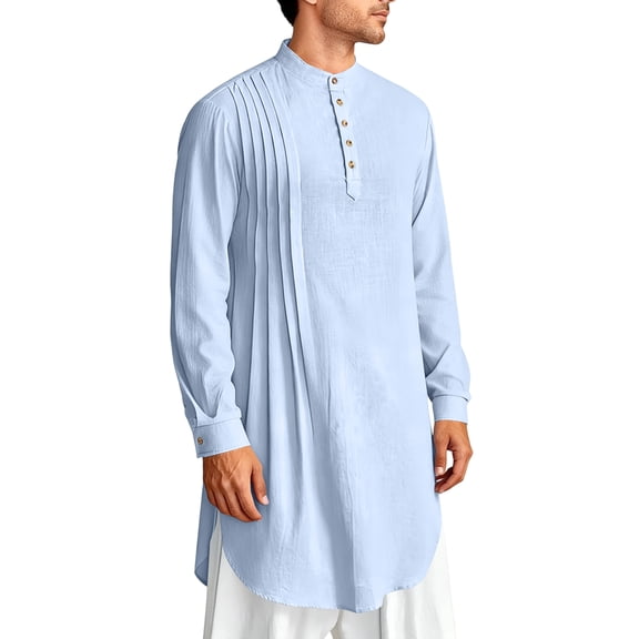 Mens Kaftan Thobe for Men Caftan Kaftan for Men Kurta Set for Men Mens Kaftan Thobe Cotton Linen Henley Shirt Long Sleeve Robe Casual Muslim Gown Kurta, Sky Blue-XXL