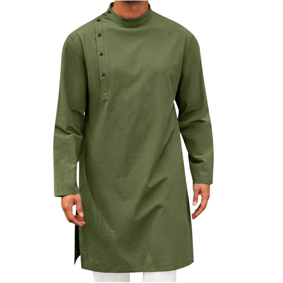 Mens Kaftan Thobe Robe Casual Muslim Gown Button Down Long Sleeve Robe Solid Color Henley Shirt