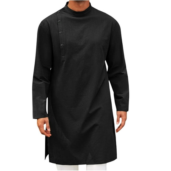 Mens Kaftan Thobe Robe Casual Muslim Gown Button Down Long Sleeve Robe Solid Color Henley Shirt