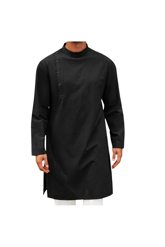 Mens Kaftan Thobe Robe Long Sleeve Cotton Henley Shirt Casual Muslim Gown Salwar Kurta Black L