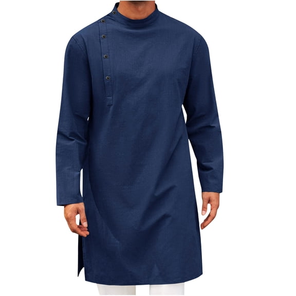 Mens Kaftan Thobe Robe Long Sleeve Cotton Henley Shirt Casual Muslim Gown Salwar Kurta Dark Blue XXL