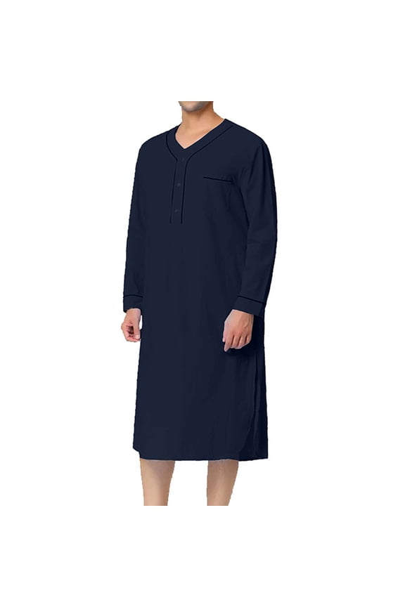 Mens Kaftan Thobe V-Neck Long Sleeve Muslim Robe Loose Button Long Gown Saudi Arab Thobe Robes Loungewear