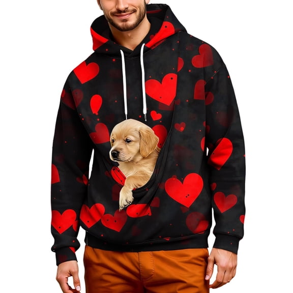 Mens Kangaroo Pouch Hoodie Valentine's Day Dogs Cats Pet Carrier Hooded Sweatshirts Oversize Long Sleeve Animal Holder Pullover Tops
