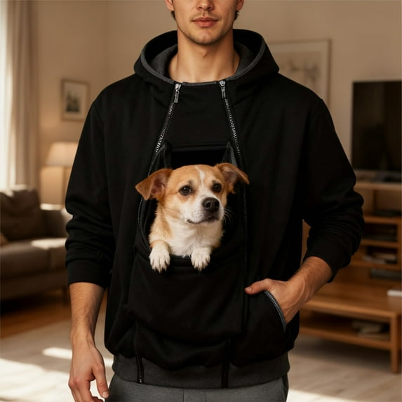 Mens Kangaroo Pouch Hoodie for Dogs Cats Pet Carrier Hoodie Unisex Pullover Sweatshirt (Black M)