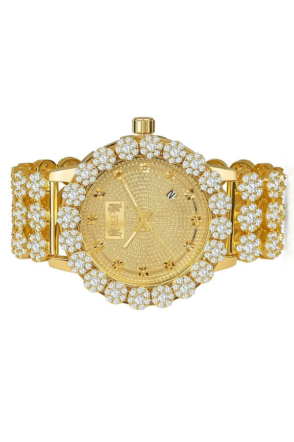 Mens Khronos Luxury Custom Watch Real Diamonds Dial Yellow Gold Tone Flower Bezel Band Iced Out W/Date