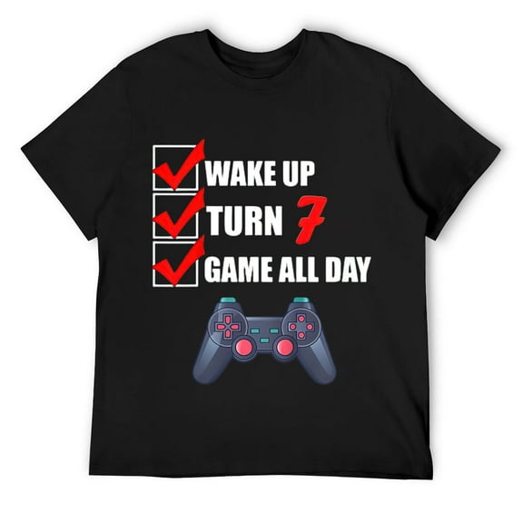 Mens Kids 7 Year Old Game All Day Gamer 7th Birthday Outfit Gift T-Shirt Black