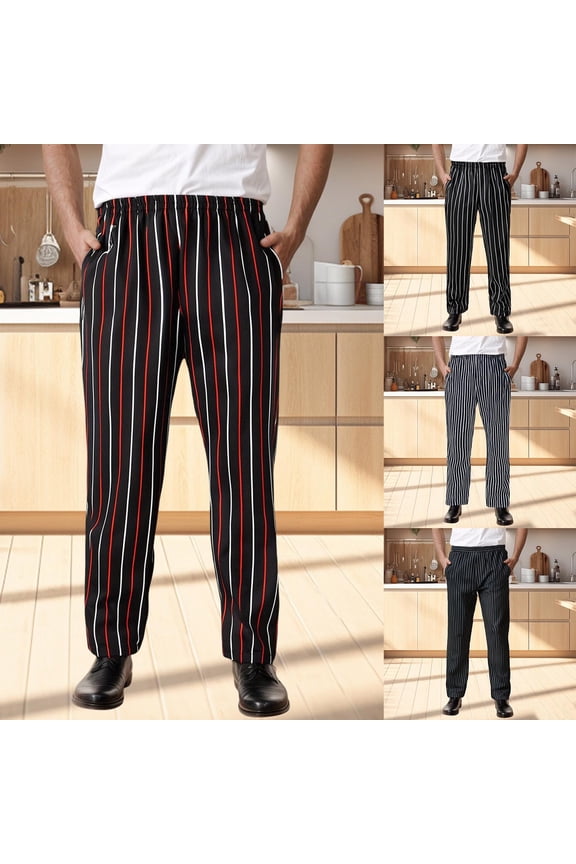 Mens Kitchen Work Chef Pant Loose Stripe Straight Leg Pants Breathable Long Trousers Blue M