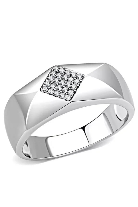 Mens Kite Shape Pave Set Diamond Ring, Unique Shank Mens Engagement Ring, 14K White Gold Plated, 1.5 Ct Simulated Diamond, Ring For Him