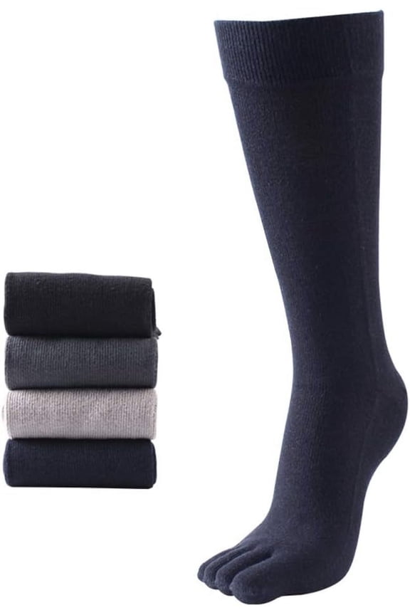 Mens Knee High Toe Socks Cotton Five Finger Sports Running Long Tube Calf Socks, 4 Pairs