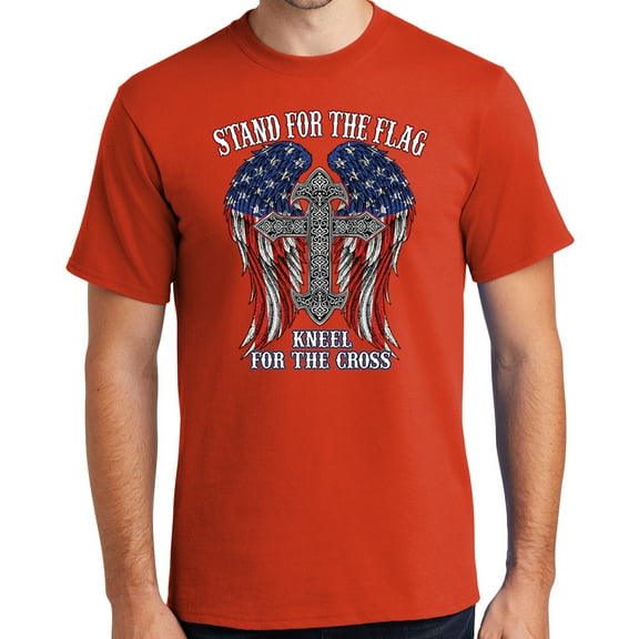 Mens Kneel for the Cross, Stand for the Flag Tee Shirt, 4XL Orange