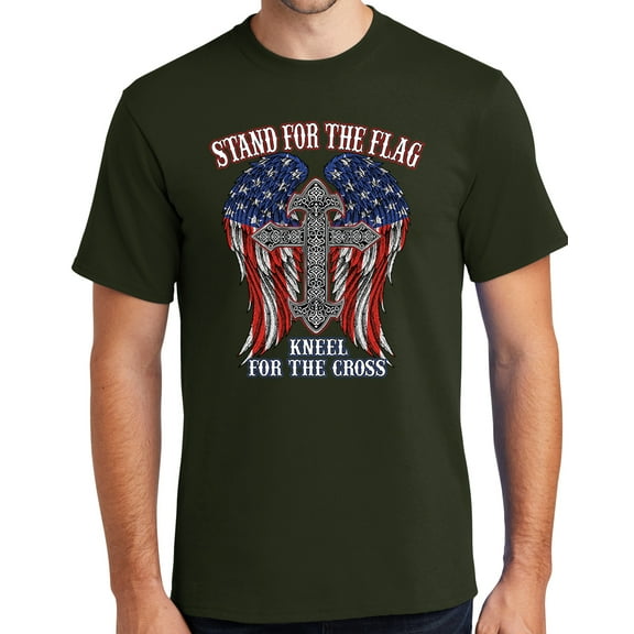 Mens Kneel for the Cross, Stand for the Flag Tee Shirt, 5XL Olive Green