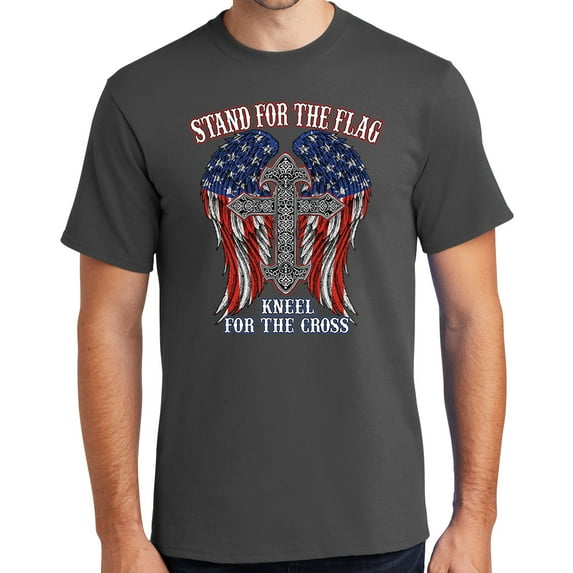 Mens Kneel for the Cross, Stand for the Flag Tee Shirt, XL Charcoal Gray