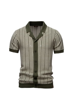Mens Knit Button Down Shirts Short Sleeve Po-Lo Shirt Vintage Striped Casual Shirts Green L