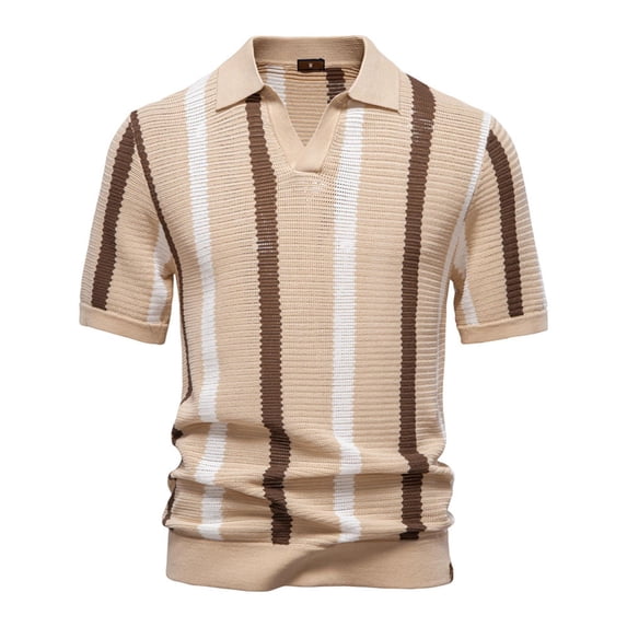 Mens Knit Golf Shirts Short Sleeve Striped Retro Old Money Style V Neck Casual Summer Fashion Lightweight Breathable Ice Silk Textured Vacation Beach Tops