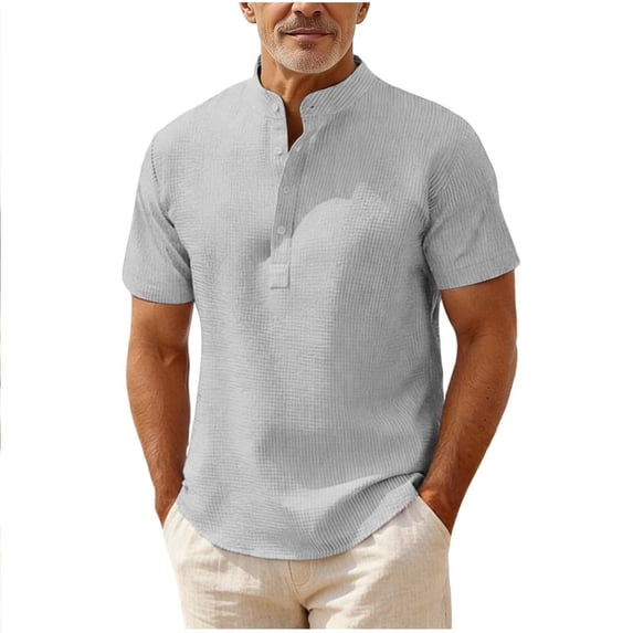 Mens Knit Henley Pullover Shirts Short Sleeve Ribbed Textured Shirt Casual Vacation Beach Shirts Gray
