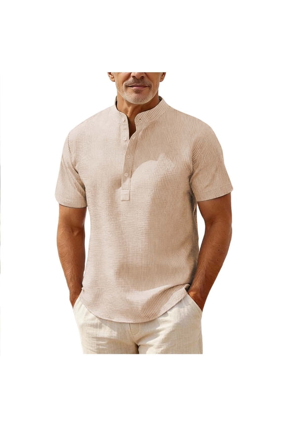 Mens Knit Henley Pullover Shirts Short Sleeve Ribbed Textured Shirt Casual Vacation Beach Shirts Khaki