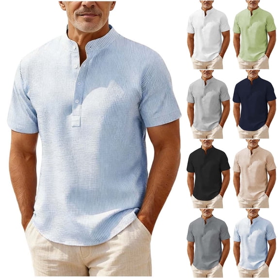 Mens Knit Henley Pullover Shirts Short Sleeve Ribbed Textured Shirt Casual Vacation Beach Shirts White