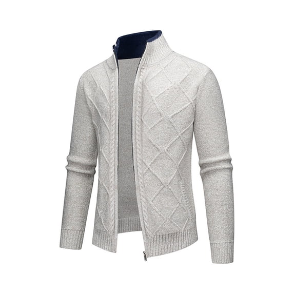 Mens Knit Jackets Full Zipper Stand Up Collar Solid Color Thicken Warm Slim Fashion Casual Fall Outerwear Gray S