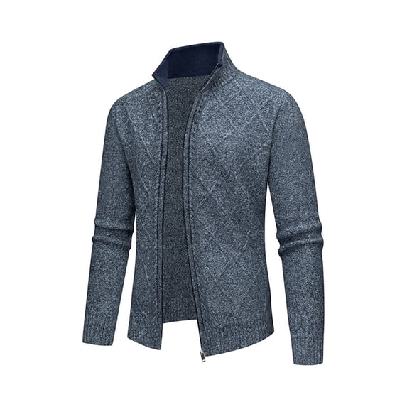 Mens Knit Jackets Full Zipper Stand Up Collar Solid Color Thicken Warm Slim Fashion Casual Fall Outerwear Navy XXL