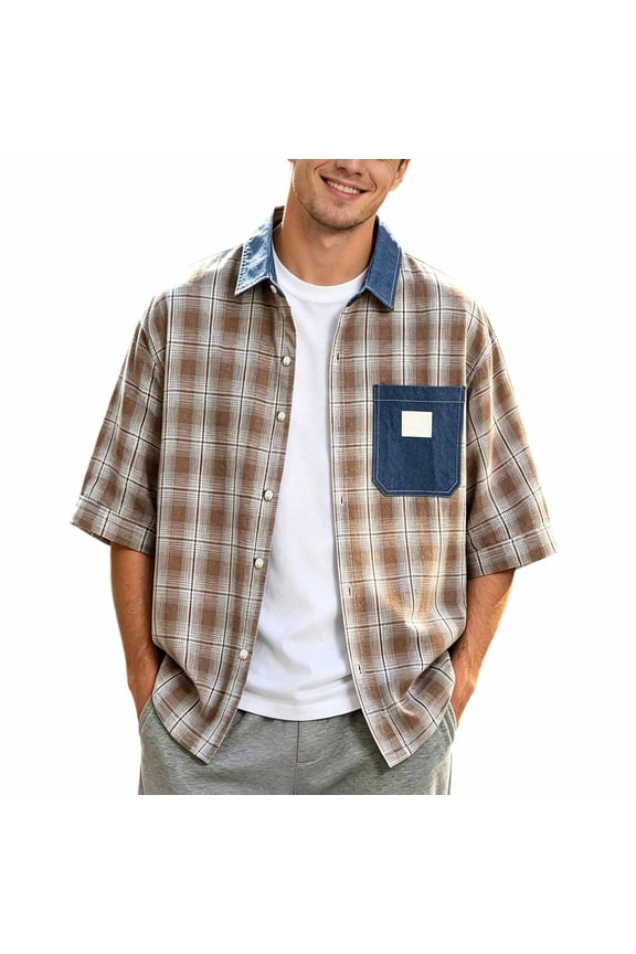 Mens Knit Polo Checkered Print Style Loose Fit Short Sleeve Mens Clothing,Khaki,XL