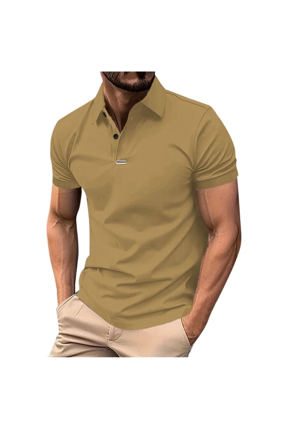 Mens Knit Polo European Pure Color Button Open Collar Short Sleeved Mens Performance Polos,Khaki,L