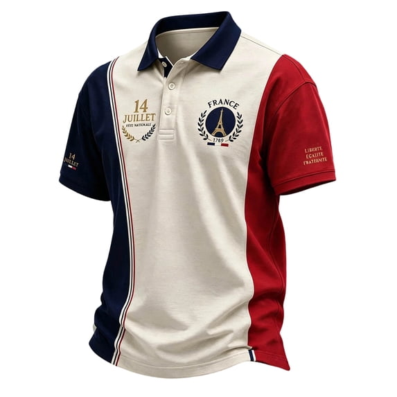 Mens Knit Polo French National Day Classic Rugby Shirt for Men,Beige,L