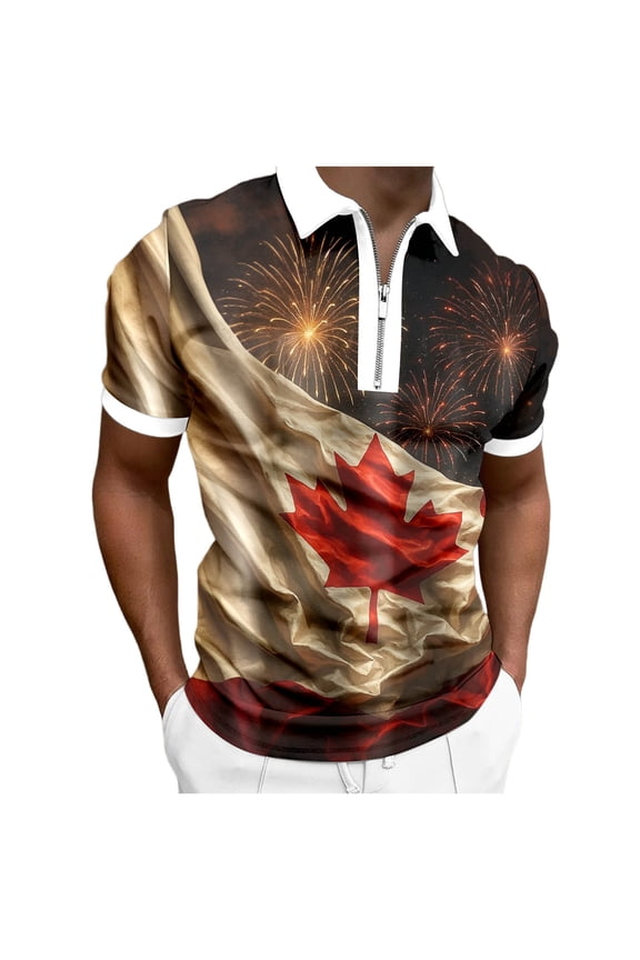 Mens Knit Polo Maple Leaf Short Sleeve Half Zip Stand Collar Mens Performance Polos,Brown,S