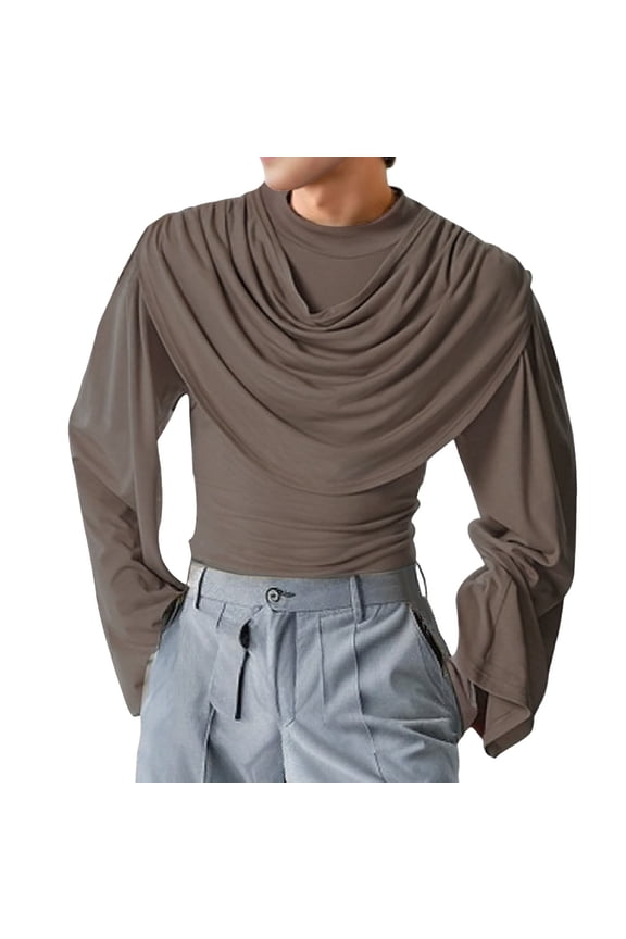 Mens Knit Polo Minimalist High Neck French Long Sleeve Drape Collar Mens Activities Shirt,Brown,S