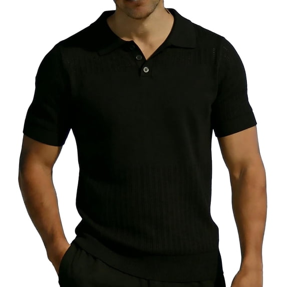 Mens Knit Polo Shirt Short Sleeve Hollow Out Breathable Knit Shirt Texture Knitted Sweater Size S-2XL Black