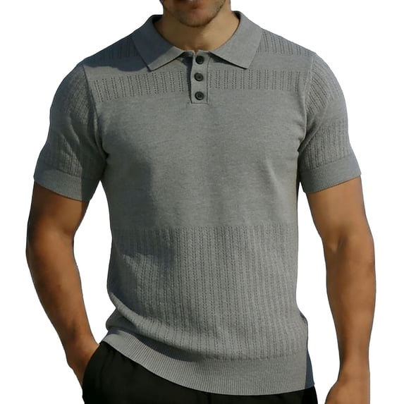 Mens Knit Polo Shirt Short Sleeve Hollow Out Breathable Knit Shirt Texture Knitted Sweater Size S-2XL Gray
