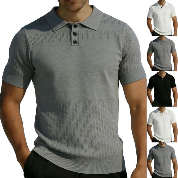 Mens Knit Polo Shirt Short Sleeve Hollow Out Breathable Knit Shirt Texture Knitted Sweater Size S-2XL White
