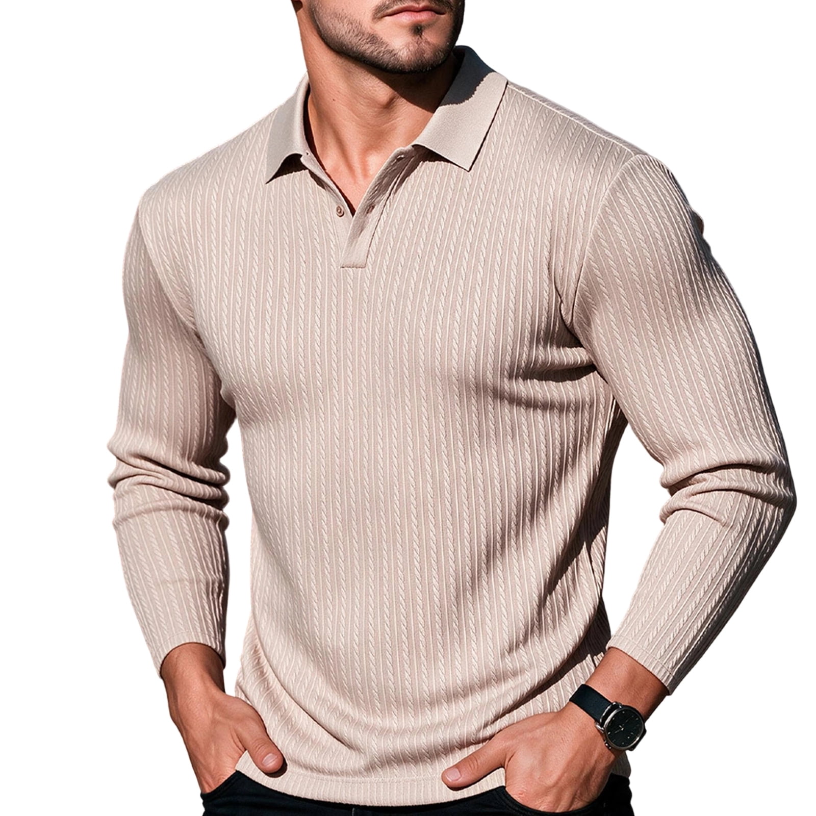 Texture In Clothing Mens Knit Polo Shirts Long Sleeve Button Down Collared Polo Shirts ...