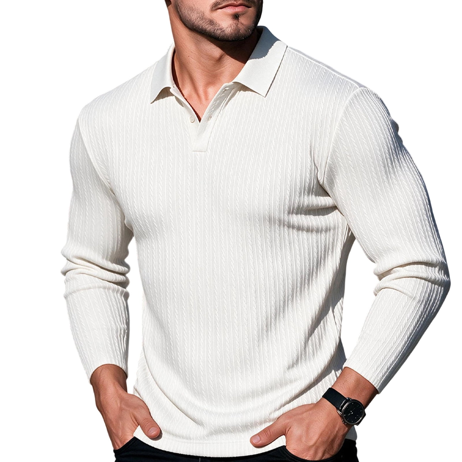 Texture In Clothing Mens Knit Polo Shirts Long Sleeve Button Down Collared Polo Shirts ...