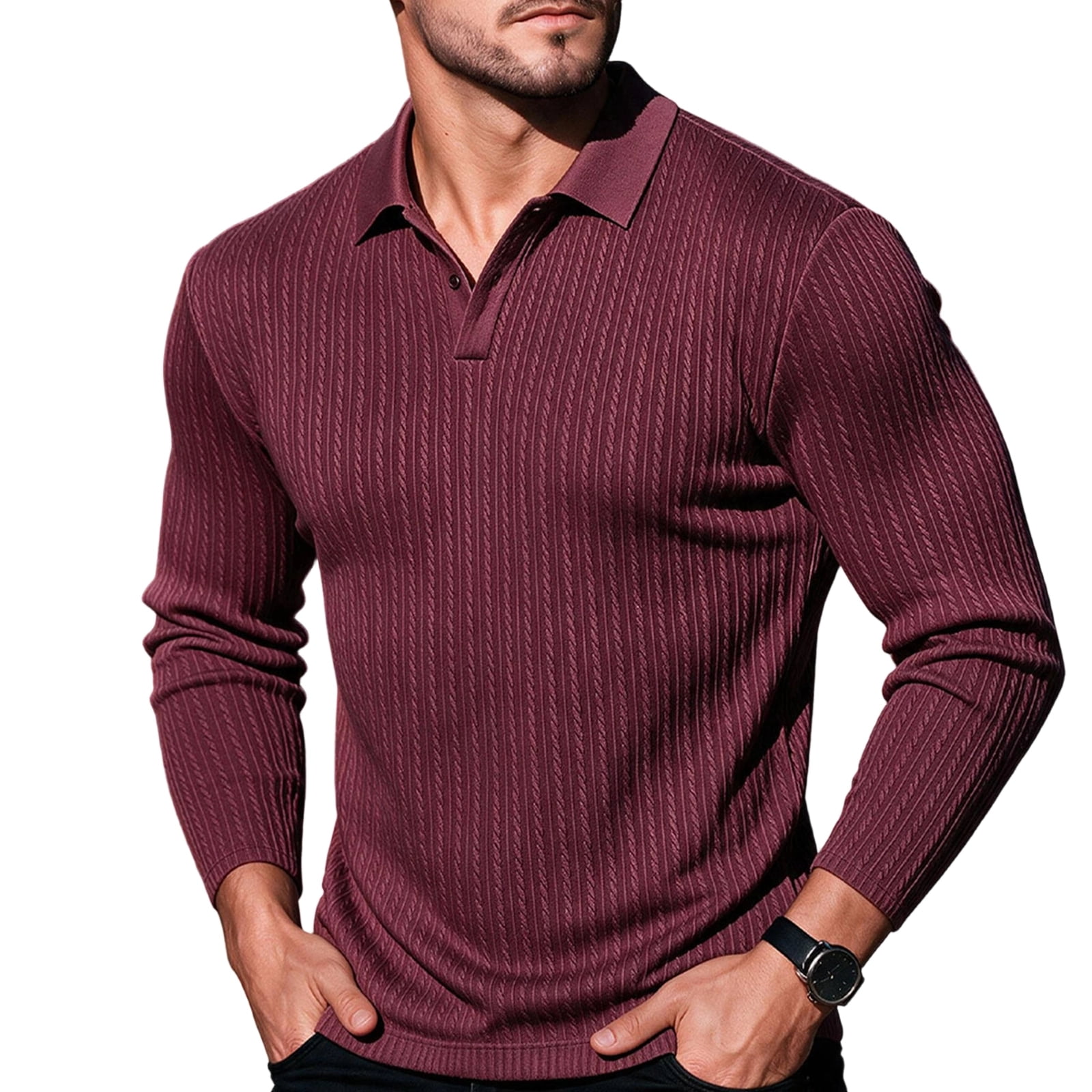 Texture In Clothing Mens Knit Polo Shirts Long Sleeve Button Down Collared Polo Shirts ...
