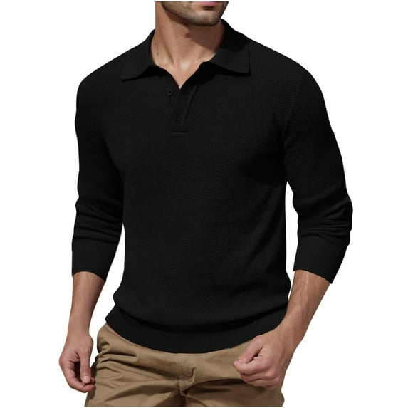 Mens Knit Polo Shirts Long Sleeve Casual Polo Sweaters Shirt Waffle Textured Collared Sweater Black M
