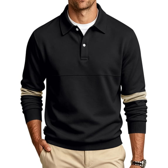 Mens Knit Polo Shirts Long Sleeve Color Block Lapel Button Pullover Lightweight Slim Fit Fall Casual Tops