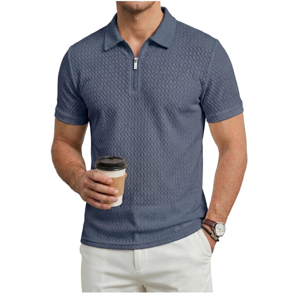 Mens Knit Polo Shirts Short Sleeve Quick Dry Casual Collared Summer Dress Golf Shirt Hollow Out Textured Vacation Travel Tops Dark Blue