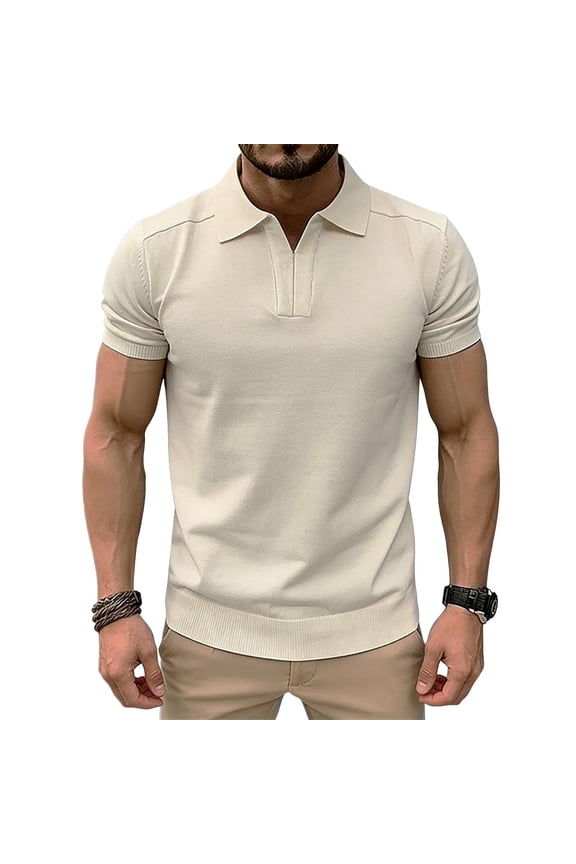 Mens Knit Polo Shirts Short Sleeve Vintage Striped Shirt 70s Casual Stylish Shirts Vacation Tops Sizes S-2XL Beige
